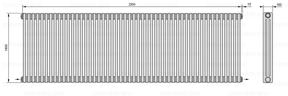 Схема (чертеж) Радиатор Zehnder Charleston 3180/50 №2670 Белый глянцевый RAL 9016